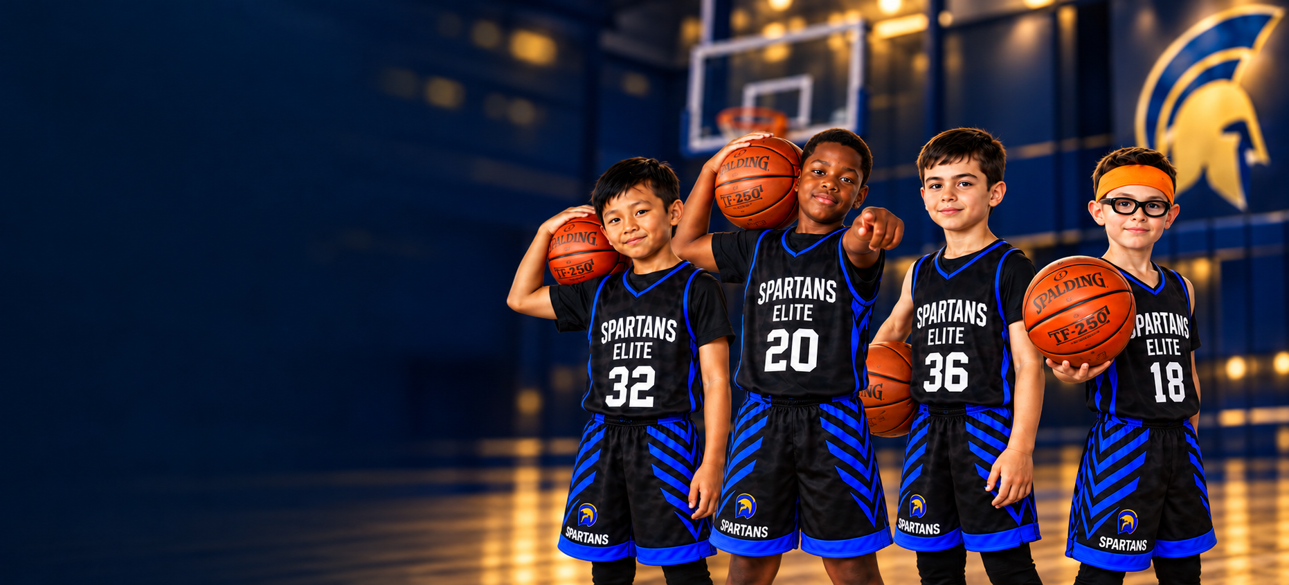 Four Spartans Elite players holding basketballs in a navy and gold gym